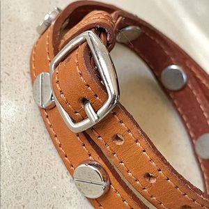 Camel Metal Studded Detail Genuine Leather Wrap Bracelet